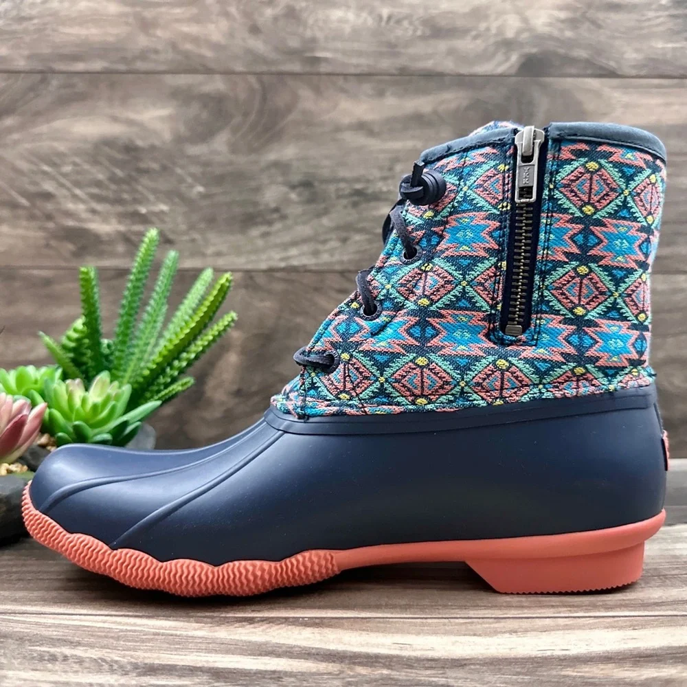NIB Sperry Saltwater Serape Textile Geometric Navy Waterproof Duck Rain Boots - Picture 8 of 13